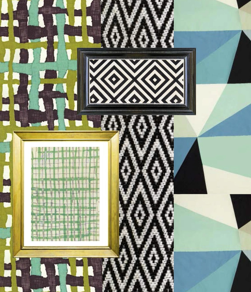 НА КАРТИНЕ В ЗОЛОТОЙ РАМЕ: Соня Делоне, рисунок для ткани, 1930. ФОН: Ткань Outcross, Kieffer. НА КАРТИНЕ В ЧЕРНОЙ РАМЕ: Любовь Попова, рисунок для ткани, 1923–1924. ФОН: Ткань Basquette, Dedar. | mcmaison.ru