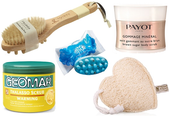 Hydréa Массажная мочалка, Oriflame Массажное мыло с отшелушивающим эффектом « ведский SPA-салон»,Geomar Отшелушивающий скраб для тела Thalasso Scrub, Stenders Мочалка из люфы,Payot Скраб для тела Gommage Mineral | Источник: Архив пресс-служб