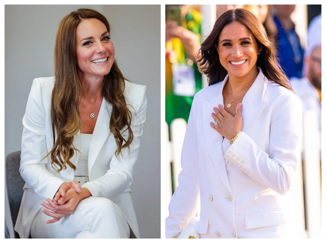 Герцогиня Кембриджская в SportsAid House во время Игр Содружества в Бирмингеме, 2 августа 2022; герцогиня Сассекская на приеме в честь открытия «Игр непокоренных», Гаага, 15 апреля 2022 | marieclaire.ru