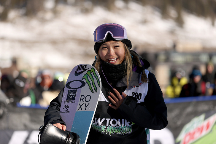 Chloe Kim of Team United States reacts after her final run of the women's snowboard superpipe final during Day 5 of the Dew Tour at Copper Mountain on December 19, 2021 in Copper Mountain, Colorado. Kim won the event on her final run after crashing on her