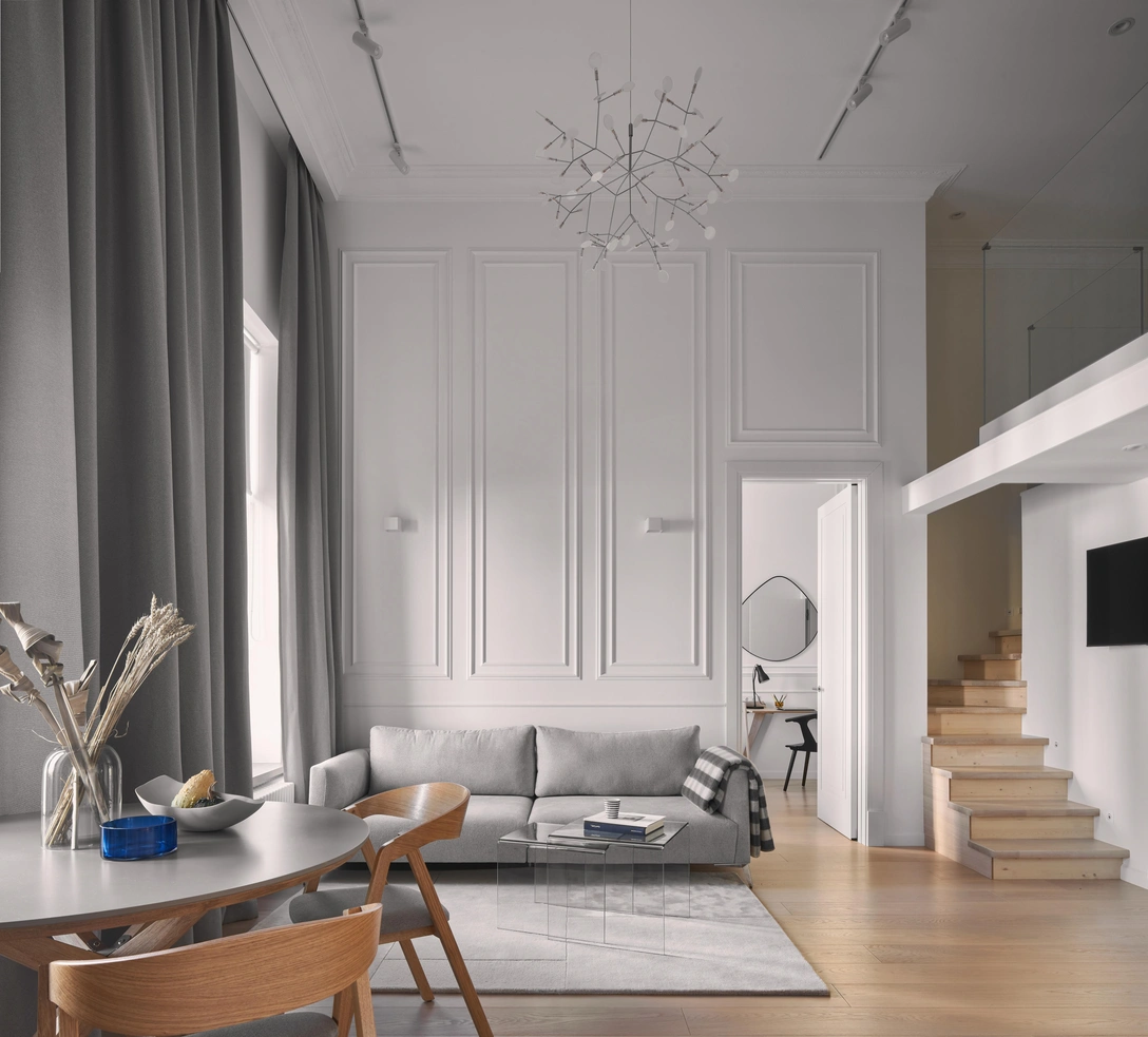 Серый диван, Union. Обеденный стол, La Forma. Стулья, Annihaus. Предметы декора, Palette. | Источник: Сергей Мельников. Стиль: Анна Артемьева