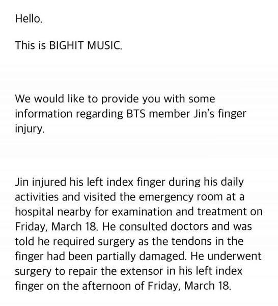 Джин из BTS перенес операцию и теперь восстанавливается после травмы 🤯