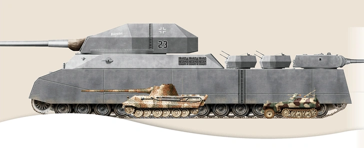 Landkreuzer P.1000 Ratte («Крыса») в сравнении со средним танком «Пантера» и полугусеничным бронетранспортером Sd Kfz 251 | Источник: Wiki.org