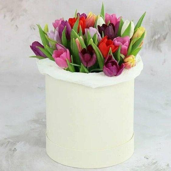 25 разноцветных тюльпанов в шляпной коробке, «Букет маркет»