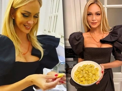 Виктория Лопырева лепит пельмени в шелковых мюлях и платье Ulyana Sergeenko