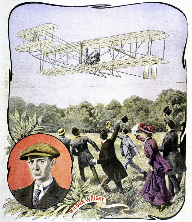 Картинка, на которой изображено как самолет братьев Райт приземлился в Ле-Мане