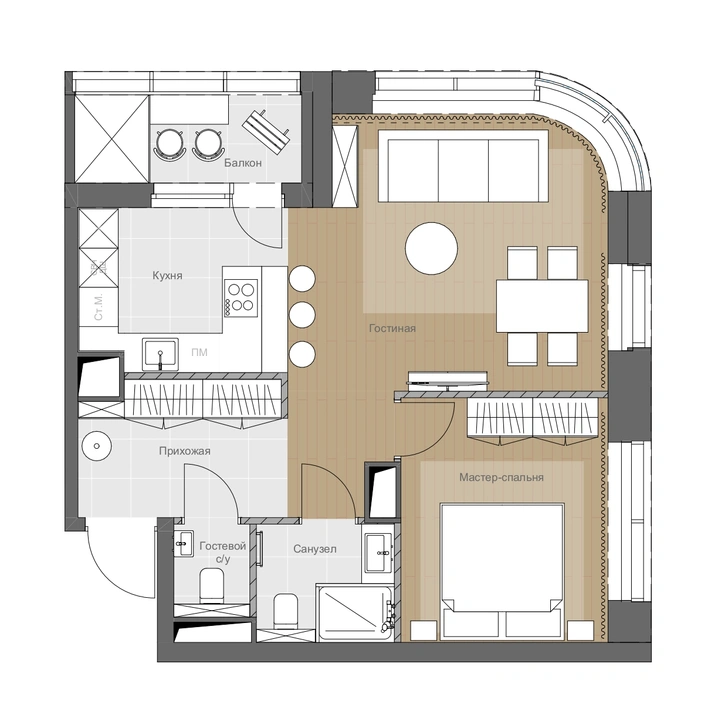 Монохромная квартира 57 м² для молодой пары в Москве