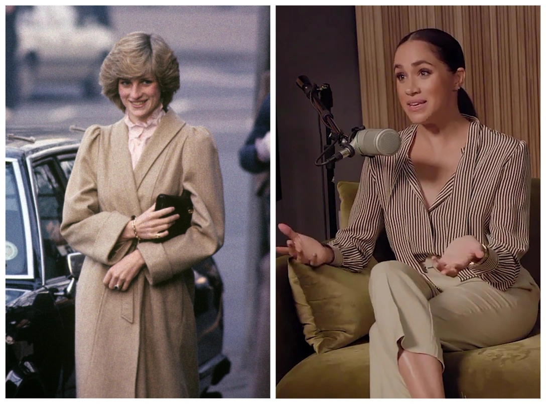 Принцесса Диана во время посещения Департамента здравоохранения и социального обеспечения в районе Элефант-энд-Касл, Лондон, 3 декабря 1982; герцогиня Меган во время записи своего подкаста, 2022 | marieclaire.ru