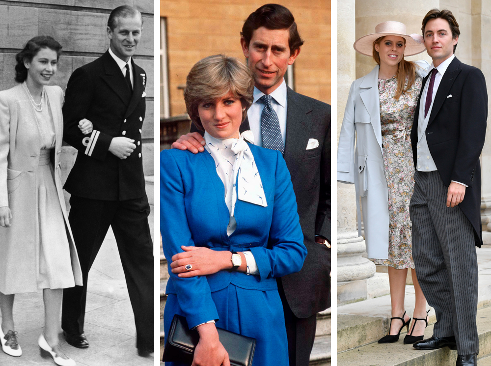 Принцесса Елизавета и Филипп Маунтбеттен, июль 1947 года; леди Диана Спенсер и принц Чарльз, февраль 1981 года; принцесса Беатрис и Эдоардо Мапелли-Моцци, октябрь 2019 года | marieclaire.ru