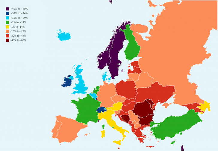 Карта: как изменится количество населения России и стран Европы к 2100 году