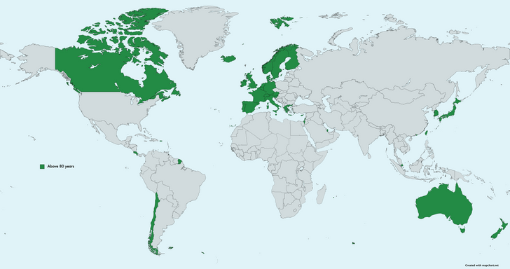 Карта: страны с самой высокой ожидаемой продолжительностью жизни