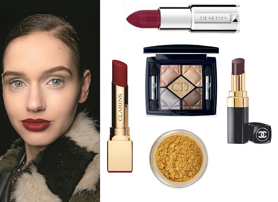 Clarins Губная помада Rouge Eclat Lipstick, Red Fuchsia, Dior Палетка 5 Couleurs Eyeshadow Palette, Givenchy Губная помада Le Rouge, №316 Pourpre Inoui, Chanel Помада-блеск Rouge Coco Shine, Aura (в продаже с сентября), Era Minerals Минеральные тени Jewel, №J29