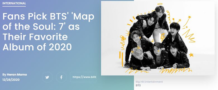 Выбор фанатов: альбом BTS — лучший в 2020 году