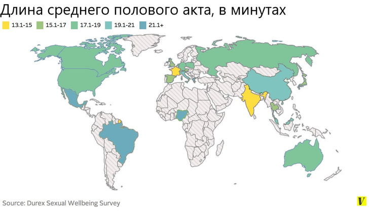 Карта: сколько времени в разных странах мира длится секс?