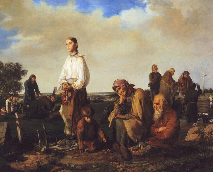 Алексей Корзухин. «Поминки на деревенском кладбище». 1865 год | Источник: Wikimedia Commons