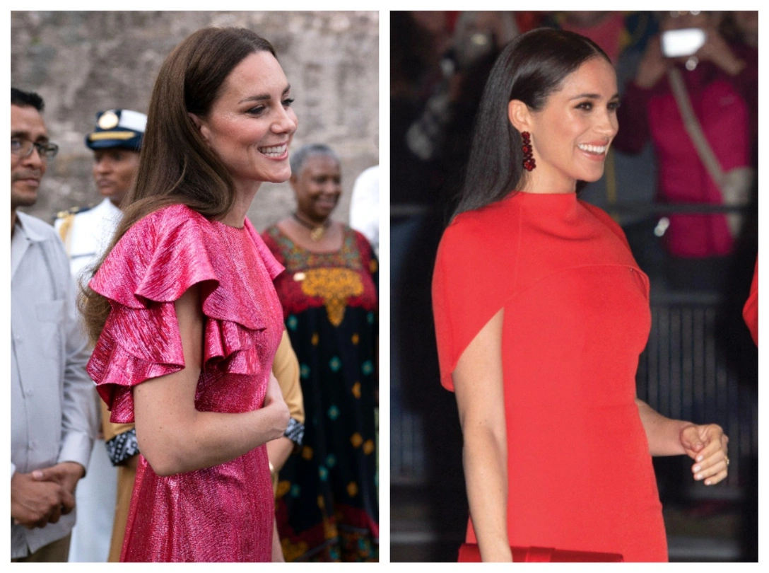 Герцогиня Кэтрин на приеме, устроенном генерал-губернатором Белиза, 21 марта 2022; герцогиня Меган на музыкальном фестивале в Королевском Альберт-Холле, 7 марта 2020 | marieclaire.ru