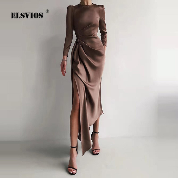 Женское длинное атласное платье, повседневное Однотонное Платье макси с разрезом, высокой талией и длинным рукавом, весна-осень 2021 | Женская одежда | АлиЭкспресс