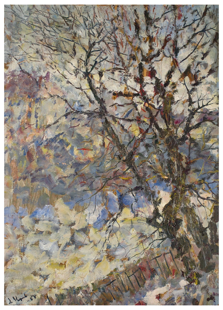 Анатолий Зверев. «Пейзаж с деревом», зима 1958. Оргалит, масло.