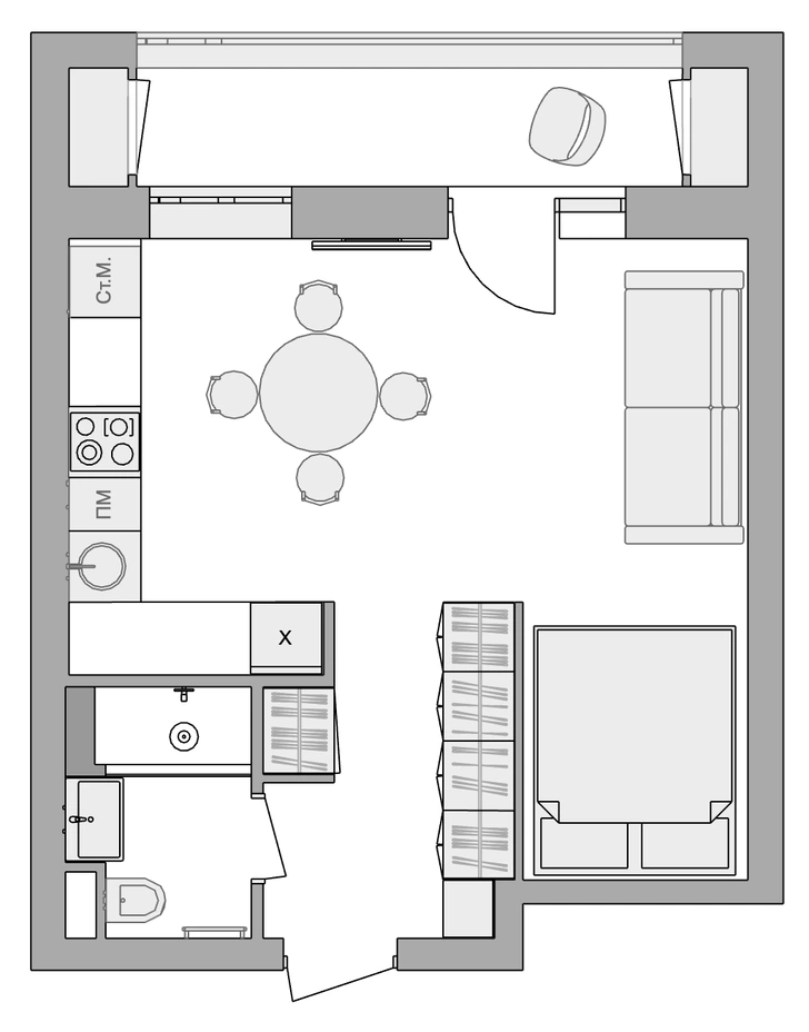 Планировка квартиры 34 м², проект Ольги Тищенко.