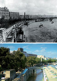 Набережная Темзы в районе Вестминстера — в 1890 году (вверху) и сегодня. Река по-прежнему закована в гранит, и гордо возносится ввысь обелиск «Игла Клеопатры», неподалеку от которого находится Новый Скотленд-Ярд, построенный как раз в 1890 году