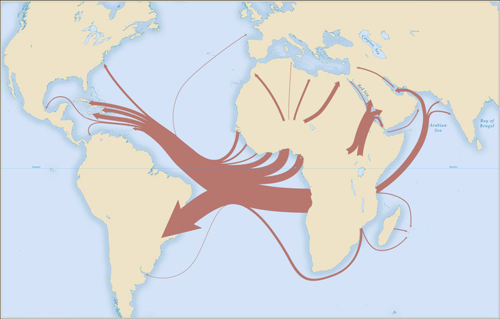 Основные маршруты вывоза рабов из Африки в XVI–XVIII веках