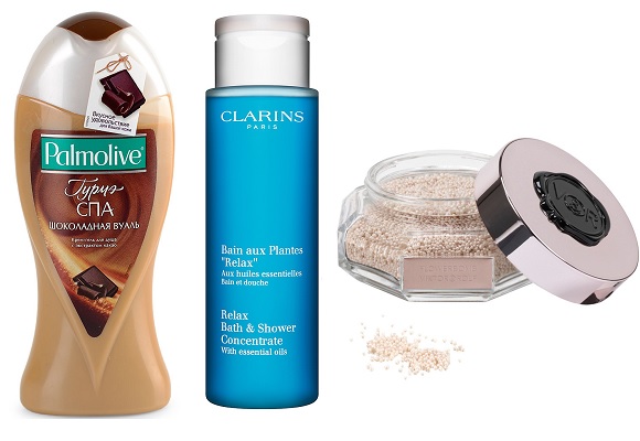 Palmolive Гель для душа Гурмэ СПА «Шоколадная вуаль»,Clarins Расслабляющая пена для ванн и душа Relax, .Viktor & Rolf Парфюмированные жемчужины для ванны Flowerbomb | Источник: Архив пресс-служб