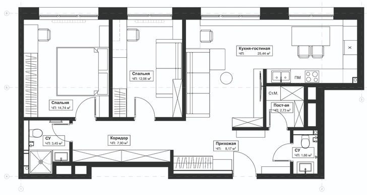 Современная квартира 76,2 м² с акцентами винного цвета