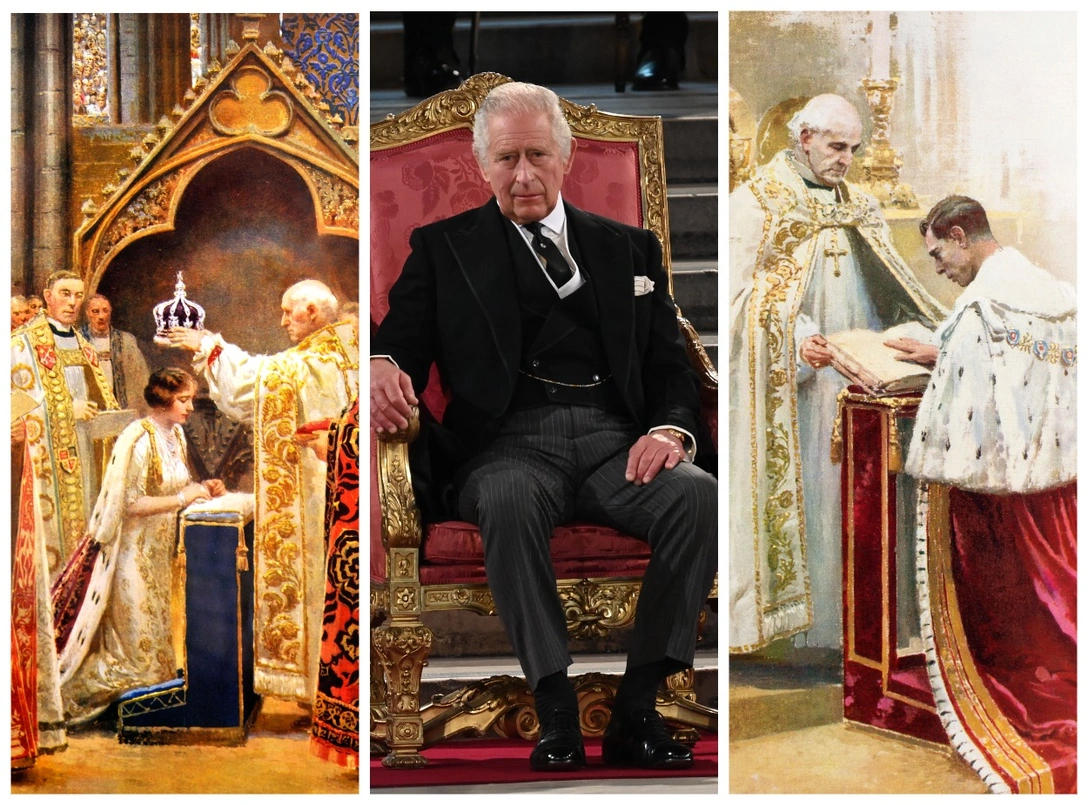 Коронация королевы-консорта Елизаветы, 12 мая 1937; Карл IIIна представлении обращений обеих палат парламента в Вестминстер-холле, 12 сентября 2022; Георг VI дает присягу во время своей коронации, 12 мая 1937 | marieclaire.ru