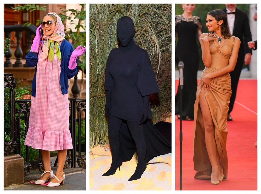 Сара Джессика Паркер на съемках сериала «И просто так» в Вест-Виллидж, Нью-Йорк, 20 октября 2021; Ким Кардашьян на Met Gala, 13 сентября 2021; Зендея на 78-м международном Венецианском кинофестивале, 3 сентября 2021 | marieclaire.ru