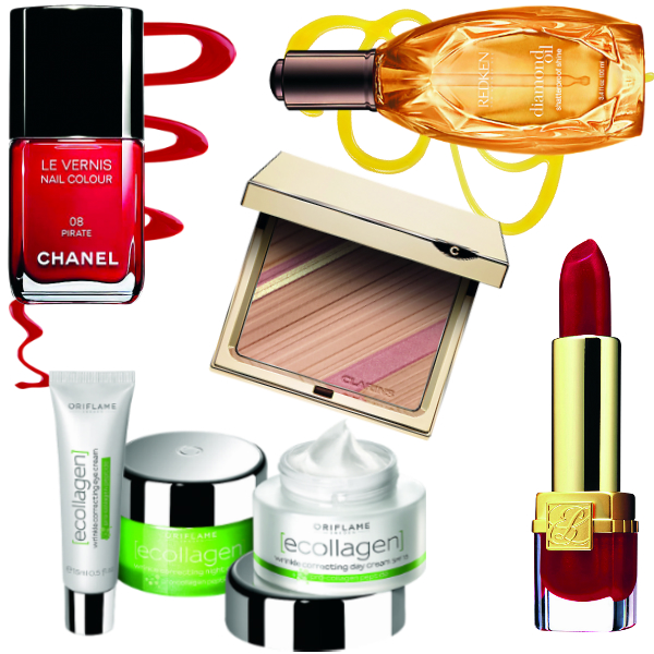 Chanel Лак для ногтей La Vernis, №08 Pirate, 1188 руб. Redken Масло для волос Diamond Shine Oil, 2800 руб. Clarins Пудра для лица Graphic Expression, 2150 руб. Estee Lauder Помада Pure Color Vivid Shine, Forbidden Apple, 1550 руб. Oriflame Ночной и дневной кремы "Эколлаген", 660 руб. каждый. Oriflame Крем для кожи вокруг глаз "Эколлаген", 540 руб.