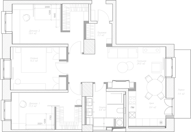 Планировка квартиры 100 м², проект Александры Хелминской-Леонтьевой.