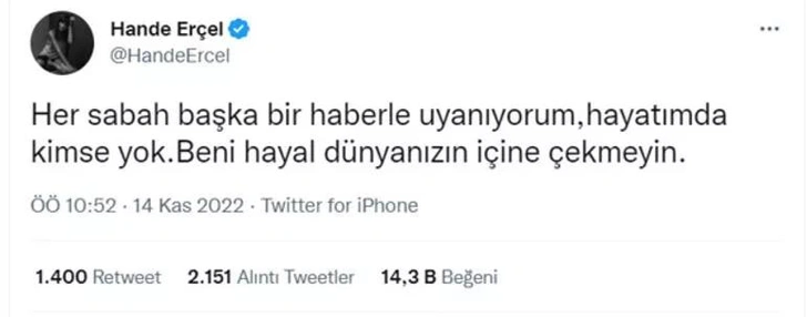 Ханде Эрчел попросила поклонников не в втягивать ее в свой мир грез после новостей о примирении с Керемом Бюрсином