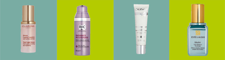 ДЛЯ ДНЕВНОГО УХОДА: антивозрастная сыворотка, придающая сияние коже, Vital Light Serum, CLARINS; антивозрастной крем, придающий сияние коже, Radiance Rejuvenate, ROC; флюид для сияния кожи Vinoperfect Fluid Perfection Eclat, CAUDALIE; сыворотка, выравнивающая тон кожи, Idealist Even Skintone Illuminator, ESTEE LAUDER.