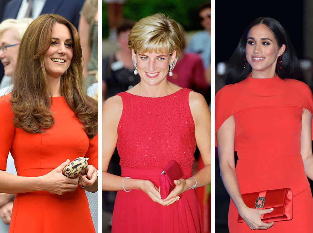 Герцогиня Кэтрин на Уимблдонском турнире, 2015; принцесса Диана на гала-ужине в Вашингтоне, 1997; герцогиня Меган на фестивале The Mountbatten Festival of Music, 2020 | marieclaire.ru