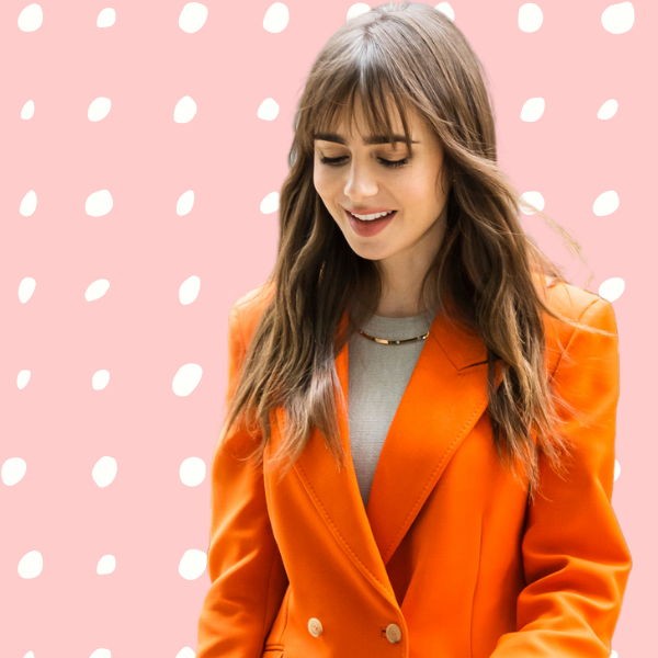 Оранжевый брючный костюм как у Лили Коллинз — лучшая покупка этой весны