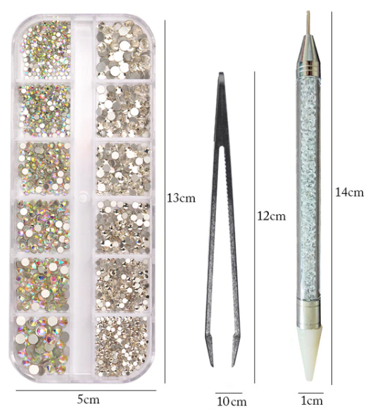 Набор 12 видов страз кристаллов для маникюра и отделки с пинцетом и ручкой