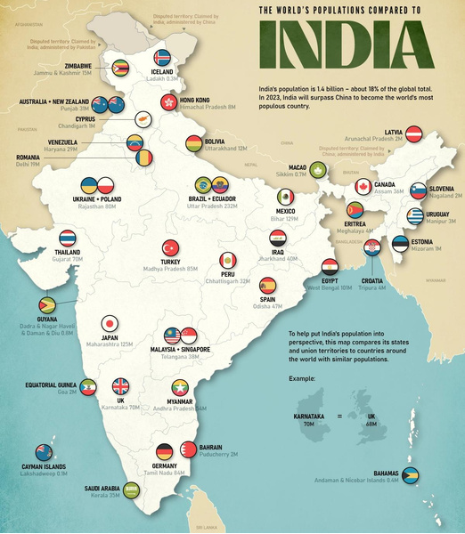 Картография: как население отдельных штатов Индии соотносится с населением других стран