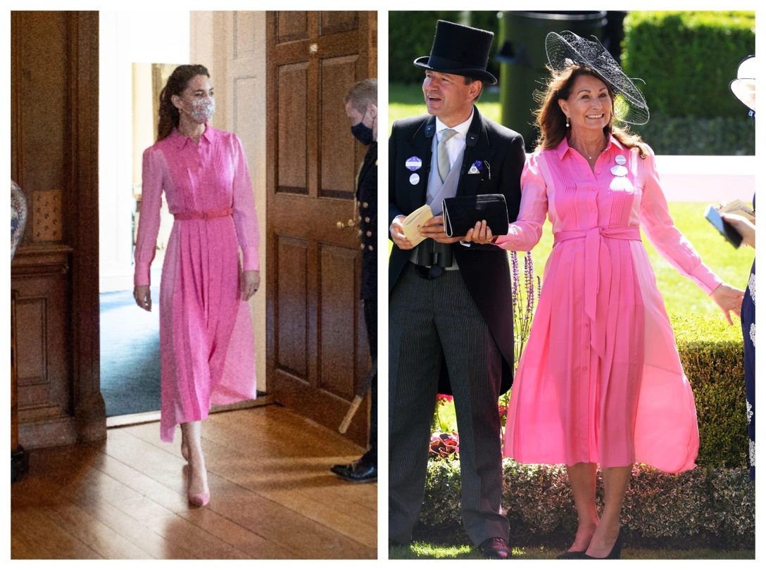 Герцогиня Кэтрин на встрече с Милой Снеддон во дворце Холирудхаус в Эдинбурге, 27 мая 2021; Кэрол Миддлтон в первый день скачек в Аскоте, 14 июня 2022 | marieclaire.ru