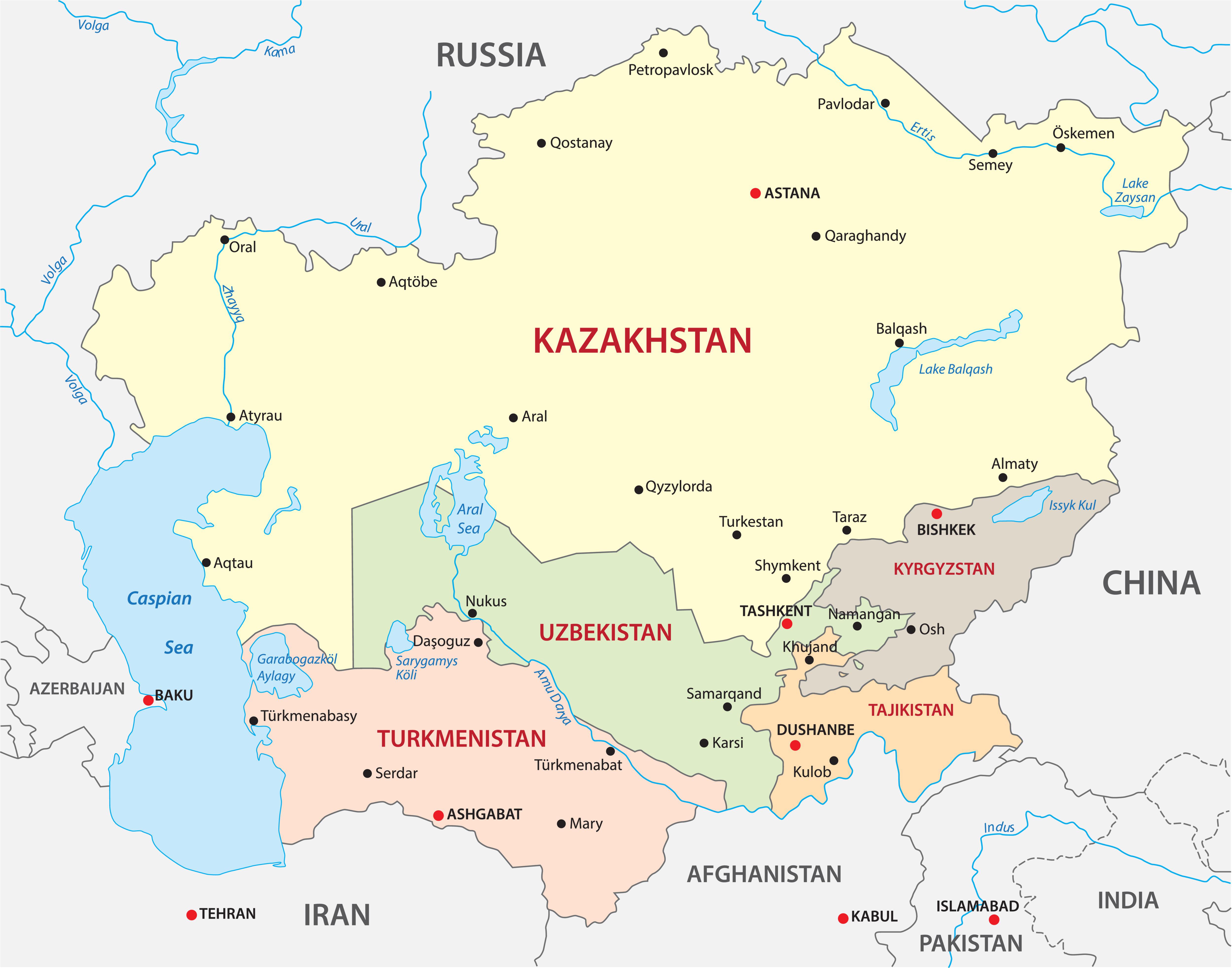 Страны центральной азии это. Карта средней Азии и Казахстана. Средняя Азия карта средней Азии. Казахстан и Узбекистан на карте. Политическая карта средней Азии.