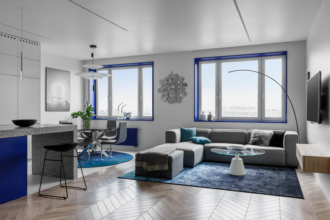 Диван, торшер и журнальный столик, BoConcept. Ковер, Calligaris. На стене — работа Ромы Бантика. | Источник: Александр Володин