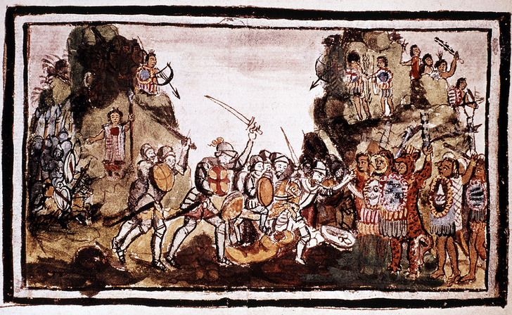 Эрнандо Кортес, испанский конкистадор, нападает на аборигенов в Мексике. Фреска, 1754 г.