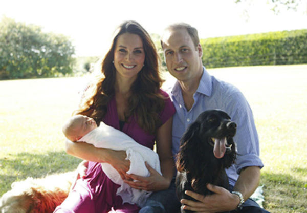 Компанию семье составили домашние любимцы: Тилли (рядом с Кейт) и Лупо (рядом с Уильямом)