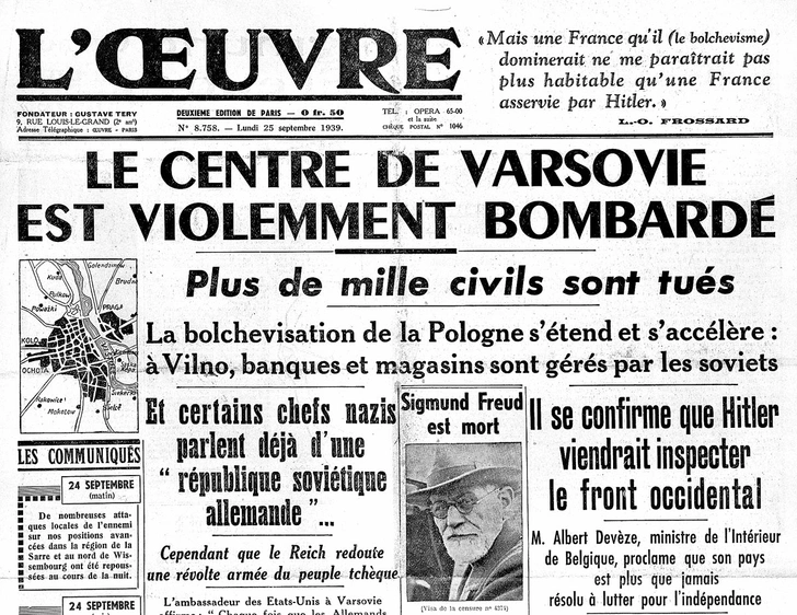 Заметка о смерти Фрейда во французской газете L’Oeuvre от 25 сентября 1939 года — на первой полосе, рядом с сообщением о бомбардировках Варшавы, большевизации Польши и намерении Гитлера инспектировать западный фронт