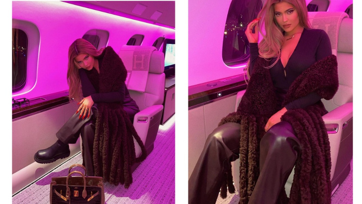 Сумка Birkin + шарф Bottega Veneta: путешественница Кайли Дженнер к полету готова