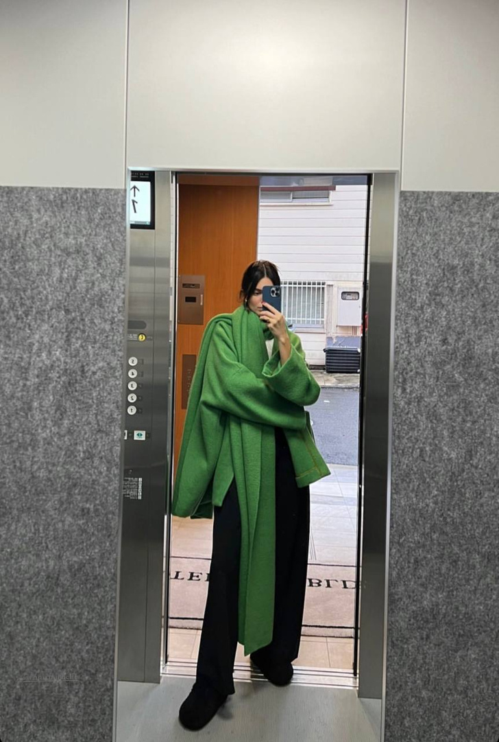 Идея для зимнего образа: длинный зеленый шарф и пальто в тон, как у Кендалл Дженнер