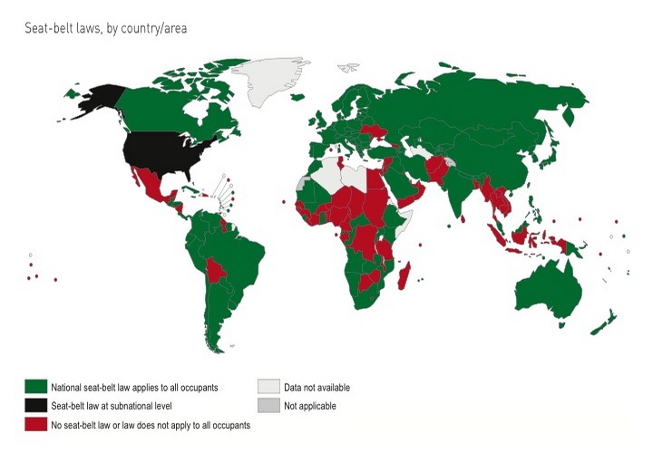 Карта: законы по использованию ремня безопасности в разных странах