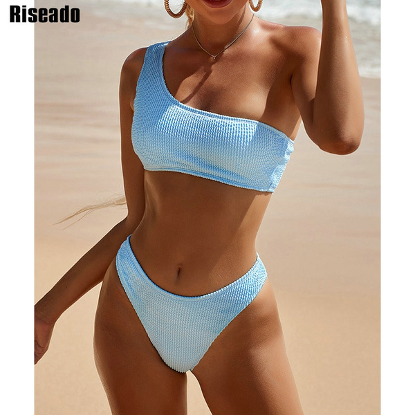 Riseado, сексуальное бикини на одно плечо, текстурированный Купальник для женщин, 2022, купальник с высоким вырезом, женские купальные костюмы, однотонный бразильский комплект бикини | Женская одежда | АлиЭкспресс