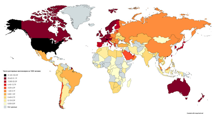 Карта: Процент долларовых миллионеров на тысячу жителей в разных странах