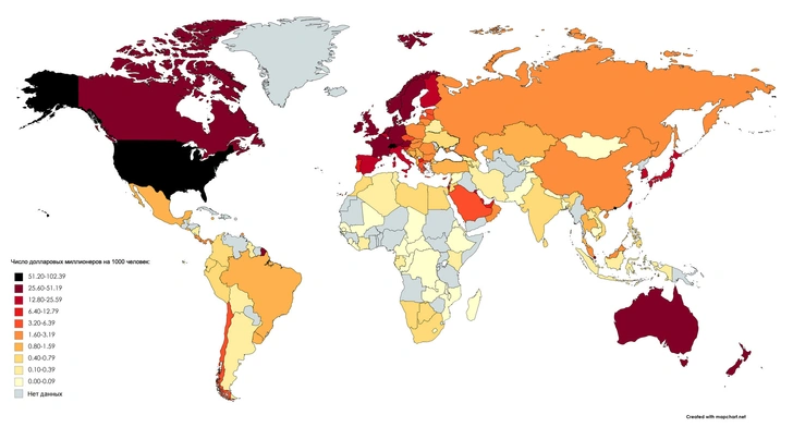 Карта: Процент долларовых миллионеров на тысячу жителей в разных странах | maximonline.ru