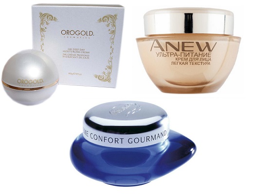 Oro Gold 24K Gold Deep Увлажняющий крем для всех типов кожи, Крем для лица Avon ANEW "Ультра-питание", Thalgo Komfort-Creme Gourmand Питательный крем для сухой кожи | Источник: Архив пресс-служб